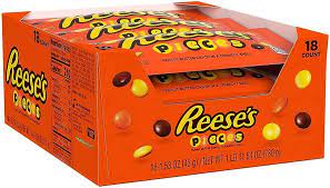 18-count box of Reese's Pieces with peanut butter filling with a crunchy candy shell