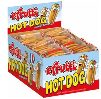efrutti Gummi Hot Dogs .32oz 60 ct Box of Efrutti Gummi Hot Dog candies with individual gummy hot dogs displayed inside the retail box