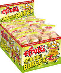 Box of Efrutti Sour Mini Burger candies, featuring colorful packaging with a cartoon burger character and individual gummy burgers visible inside the display box