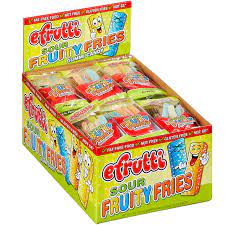 Efrutti Sour Fruity Fries candy box with individual packs displayed in a retail box.