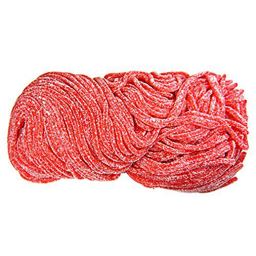 Pile of gustaf red sour strawberry candy belts covered in sugar crystals."