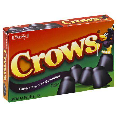 Box of Crows licorice-flavored gumdrops by Tootsie, 6.5 oz, featuring classic packaging with a crow mascot.