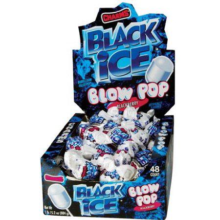 Charms Black Ice Blow Pop display box with 48 individually wrapped lollipops in a blue and white design