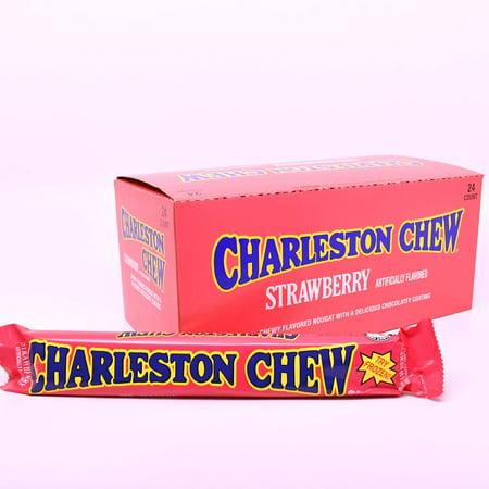 a box of Charleston Chew strawberry-flavored candy bars, featuring bold, colorful branding and an individual bar prominently displayed alongside the box.