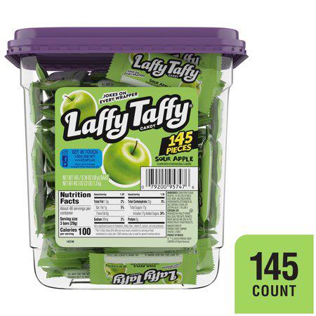 Container of Laffy Taffy Sour Apple candy with 145 individually wrapped pieces