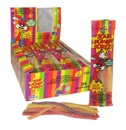 colorful box of individually wrapped sour power belts.