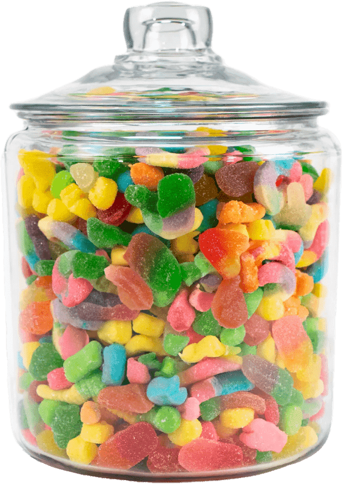 Glass jar filled with colorful assorted gummy candies
