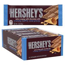 Box of Hershey's extra creamy milk chocolate bars with crunchy waffle cone pieces, featuring individual bars and open packaging.
