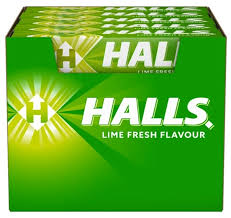 Pack of Halls Lime Fresh Flavour cough drops with a vibrant green design for soothing relief.