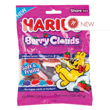 Haribo Berry Clouds candy package, featuring soft and fruity berry-shaped gummies in a purple bulk bag with a yellow bear mascot.
