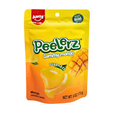 Peelrz Gummy Mango pouch by Amos, featuring a bright yellow design with a peeled mango slice
