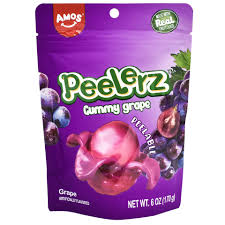 A purple sealed bag of "Peelerz Gummy Grape of 12 count.