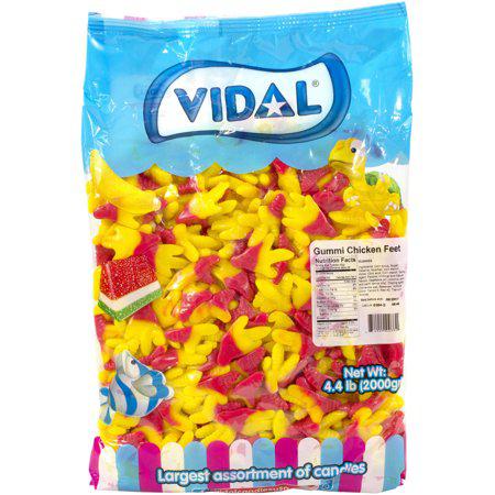 Vidal Gummi Chicken Feet candy in a large bag of 4 pound with yellow and red gummy chicken feet