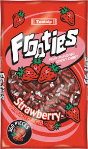 A red bag of Tootsie Frooties Strawberry-flavored chewy candy, featuring strawberry graphics and bold branding. The packaging highlights "360 pieces" of individually wrapped candies.