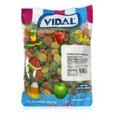 bulk bag of Vidal Gummi Sour Pinballs featuring colorful gummy candies in assorted flavors.