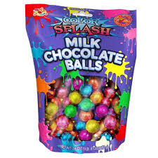 Colorful bag of "Color Splash Milk Chocolate Balls" featuring vibrant foil-wrapped chocolate balls.