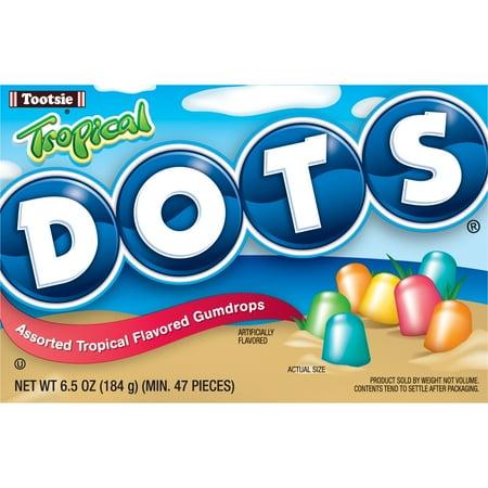 Theater box of Tropical Dots candy featuring bright blue branding, colorful gummy dots, and labeled as assorted tropical-flavored gumdrops.