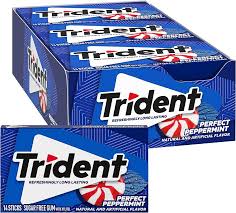 Trident Perfect Peppermint gum 12 count packaging, featuring a blue box with the Trident logo and an image of a peppermint swirl.