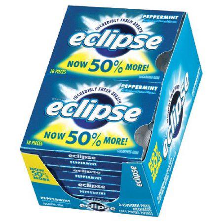 Eclipse Peppermint gum packaging 8 count , highlighting "Incredibly Fresh Breath" and "Now 50% More!" in bold text, with a blue box containing multiple packs.