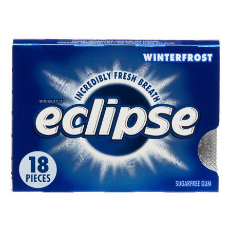 Eclipse Winterfrost gum packaging 8 count, "Incredibly Fresh Breath" and "18 Pieces" labels, along with "Sugarfree Gum.