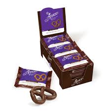 Chocolate pretzel 18 count snack box with individually wrapped purple packages.