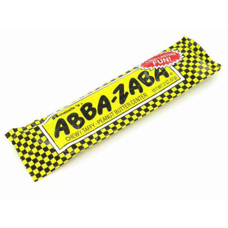 Abba-Zaba candy bar, featuring a yellow and black checkerboard design with "Chewy Taffy - Peanut Butter Center"