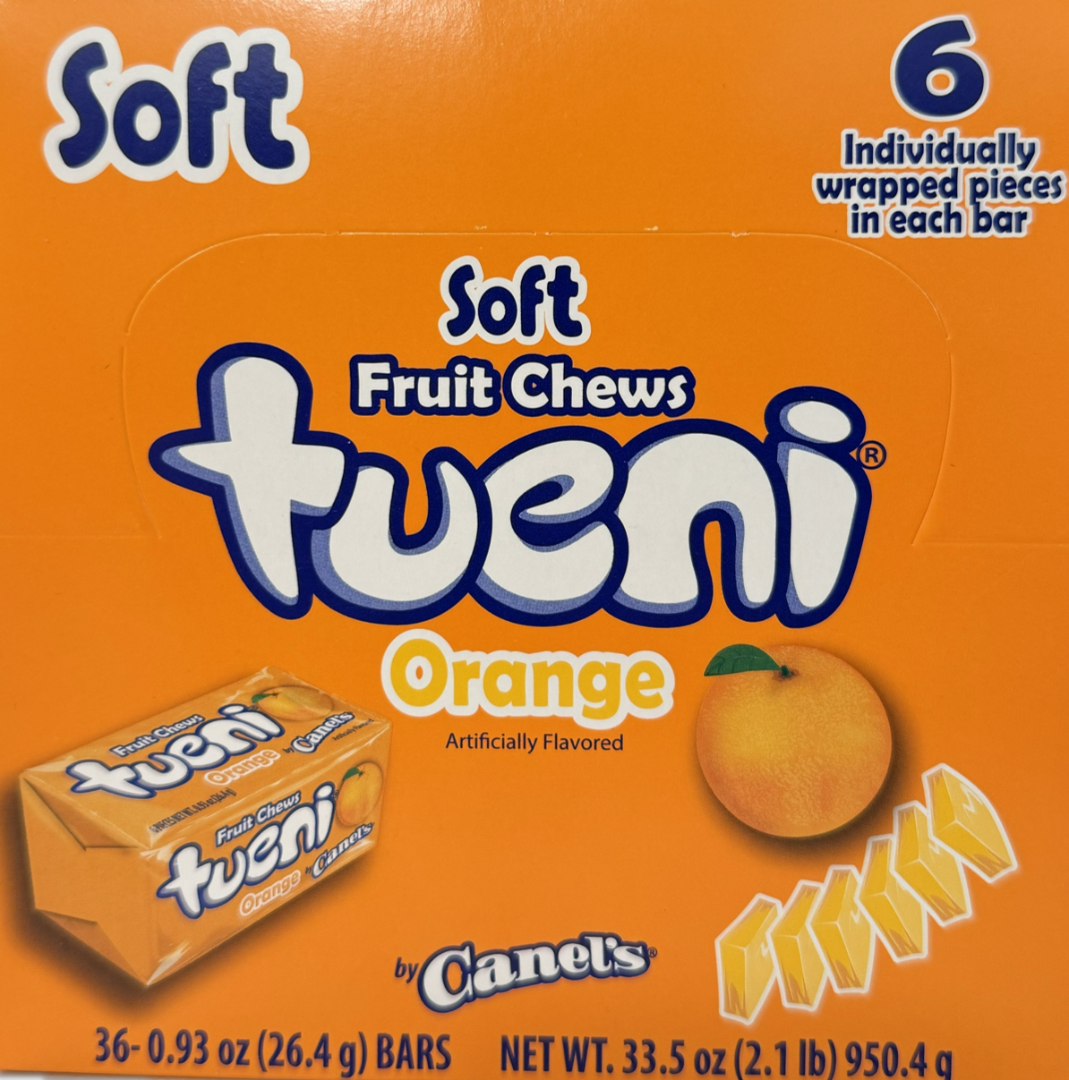 Canels Tueni Soft Fruit Chew Squares Orange 36 ct Tray – Long